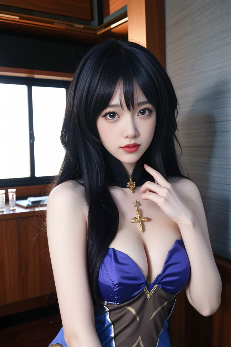 best quality, tmasterpiece,Ultra-high resolution,Clear face,(Reality:1.4),ferpect lighting,(upper body shot:1.5), (photorealistic:1.50), anime wallpaper, Guviz style artwork, cover-up fantasy up to magic , by Yang J, Guviz, beautiful artwork illustration, beautiful digital artwork, beautiful digital illustration, Li Song, beautiful anime portrait, art style in Beauvot, 1girl, 独奏, Mona (genshin impact), pantyhose, leotard, (grey eyes:1.1), indoor, hotel, room, purple pantyhose, leotard,