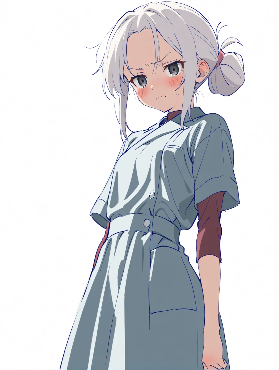 {{{sincos (sincos), girl, no human, waist-length}}}, 1 girl, nurse, wear a medical gown, waist-length, black eyes, tired face, weak facial expressions, hair tied at the back of the head in a bun, white hair, hair ivory color, stands directly towards the viewer, looking at viewer. white background, blank background.