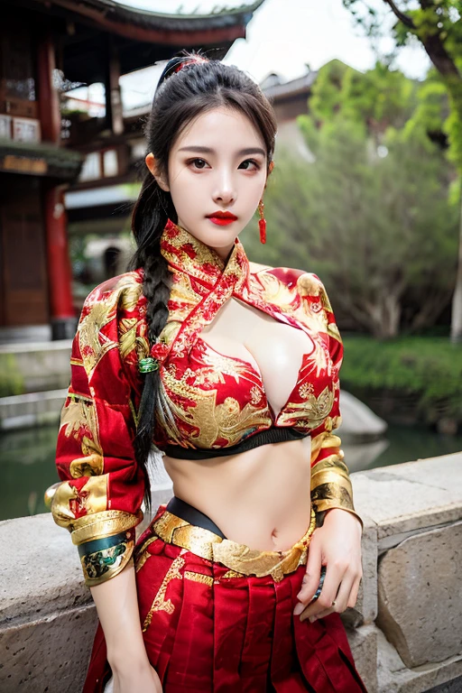 raw image, Chinese palace scenery, realistic, best shadow, (Very sexy), Beautiful skin, exquisite face, braid, full เกราะ, realistically, dark light, Full show, Full body view of the girl, high resolutionเป็นพิเศษ, photo-realistic, Masterpiece, Very detailed eyes and face, big breast, small waist, Body details, white american girl, finger details, high detail clothing, Highest quality, ((high resolution)), 1 woman, ((beautiful girl)), alone, decorations, Bangle, ((Blonde Hair)), ((Slender face)), ((high ponytail)), ((red eyes)), decorationsที่ผมสีเงิน, dark brown eyeliner, put on makeup, red lips, ((big breasts)), red cloth, Gold Embroidery, black embroidered gold, dragon pattern, Gold Earrings, Hair pins, seductive pose, beautiful girlกับรายละเอียดที่สวยงาม,