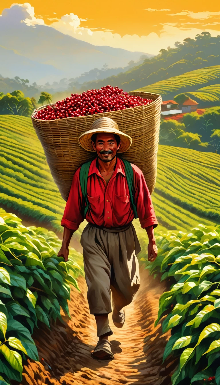 Create a colorful illustration that highlights the strength and vitality of the coffee field. The image should show a vast coffee plantation with neat rows of healthy, green bushes loaded with red cherries. In the center of the scene include a robust farm worker with defined muscles, wearing a rolled-up long-sleeved shirt, work pants and a straw hat, as he carries a heavy bag of coffee beans on his back. Your expression should reflect determination and pride in hard work.
In the background, show the rising sun, illuminating the landscape with golden tones, symbolizing a new day of work and the promise of an abundant harvest. Add details like harvesting tools, baskets full of coffee cherries, and an ox cart in the distance, loaded with bags of coffee ready for transport.
Use vibrant, contrasting colors to highlight the vitality and energy of the countryside, with an emphasis on the green tones of plants, the red of coffee cherries and the gold of the sun. The scene should convey the essence of the hard work, physical strength and pride of the coffee field workers.