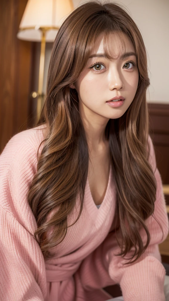 Japanese women have a golden-brown tan skin.. Hair color is light brown. Loose perm. Big eyes and mouth. The lips are pink and plump. 20-year-old. Realistic Skin. 8K ultra-high quality.
