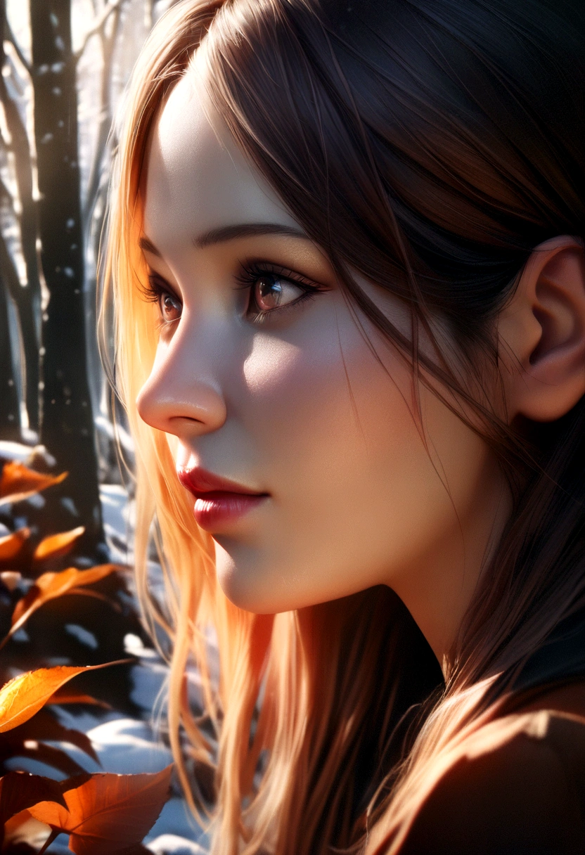 a girl in a romantic winter landscape, detailed eyes, beautiful detailed lips, extremely detailed face, longeyelashes, beautiful woman in a romantic snowy winter forest, warm autumn colors, detailed foliage, romantic couple, warm lighting, realistic, photorealistic, photo-realistic, masterpiece, 8k, best quality, highly detailed, cinematic, dramatic lighting, intricate color palette, serene atmosphere