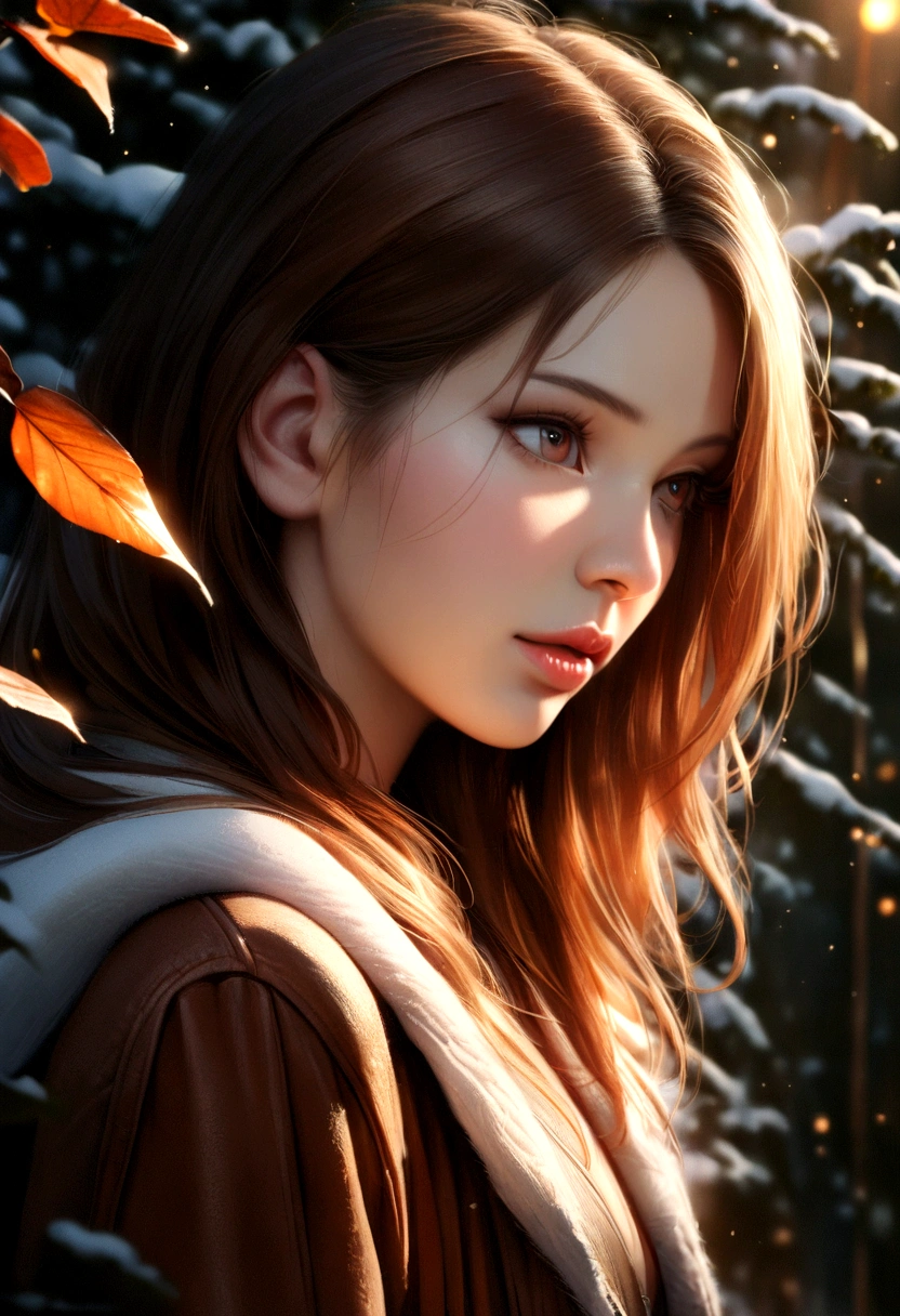 a girl in a romantic winter landscape, detailed eyes, beautiful detailed lips, extremely detailed face, longeyelashes, beautiful woman in a romantic snowy winter forest, warm autumn colors, detailed foliage, romantic couple, warm lighting, realistic, photorealistic, photo-realistic, masterpiece, 8k, best quality, highly detailed, cinematic, dramatic lighting, intricate color palette, serene atmosphere