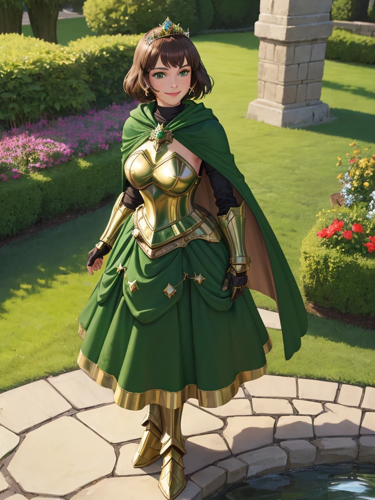 masterpiece, best quality:1.2), 1girl, smile, looking at viewer, green eyes, short brown hair, princess, armor, , pauldrons, armored dress, green cloak cape, wearing puffy blue ballgown skirt, golden tiara with green gem, armored boots, fingerless gloves, standing in medieval garden