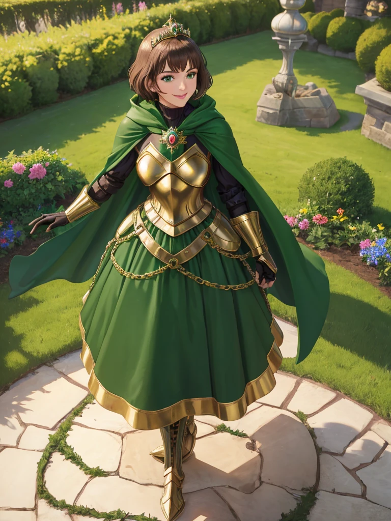 masterpiece, best quality:1.2), 1girl, smile, looking at viewer, green eyes, short brown hair, princess, armor, , pauldrons, armored dress, green cloak cape, wearing puffy blue ballgown skirt, golden tiara with green gem, armored boots, fingerless gloves, standing in medieval garden