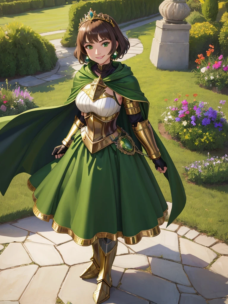 masterpiece, best quality:1.2), 1girl, smile, looking at viewer, green eyes, short brown hair, princess, armor, , pauldrons, armored dress, green cloak cape, wearing puffy blue ballgown skirt, golden tiara with green gem, armored boots, fingerless gloves, standing in medieval garden