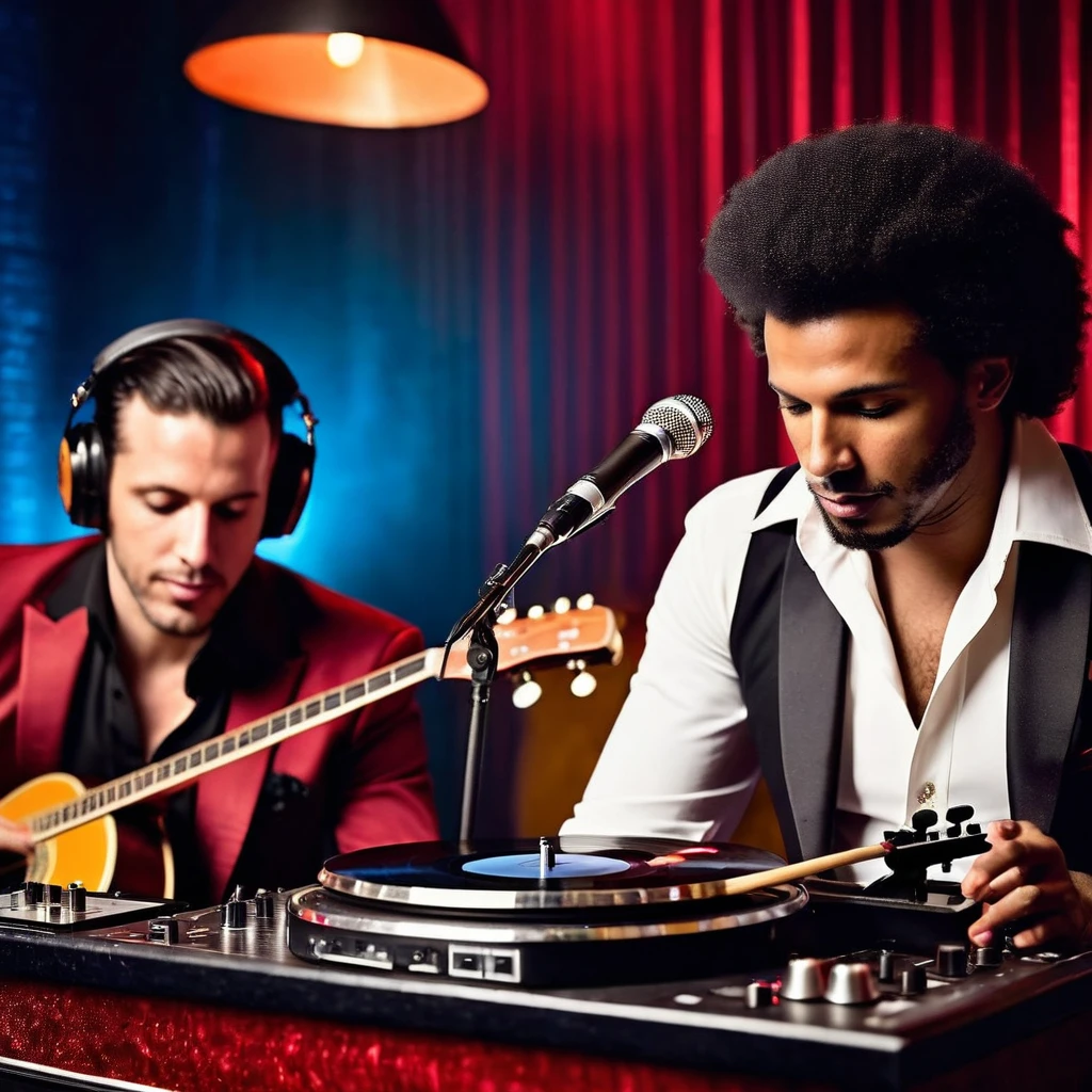 (((in the foreground there is a dj turntable, dj set))), Cinematic half body portrait of two musicians, (((Two different characters))) are on the picture. There is an authentic (((flamenco guitarist))) playing on a guitar wwearing authentic spanish clothes with black hair and tanned skin, beside him standing an afro american (((Jazz musician playing on a trumpet))) wearing white tuxedo in 60s style, (((spanish acoustic guitarist and a 60s Jazz styled trumpet musician)))), photorealistic faces and bodies, realistic perfect detailed facial features, real human skin and hair, in the foreground there is a dj turntable, dj set, in the background subwoofers, photographic, realistic, volumetric lighting, cinematic lighting, contrast lighting, vintage filter, sharp focus, depth of field, raw photo, hdr, uhd, 4k, 35mm film