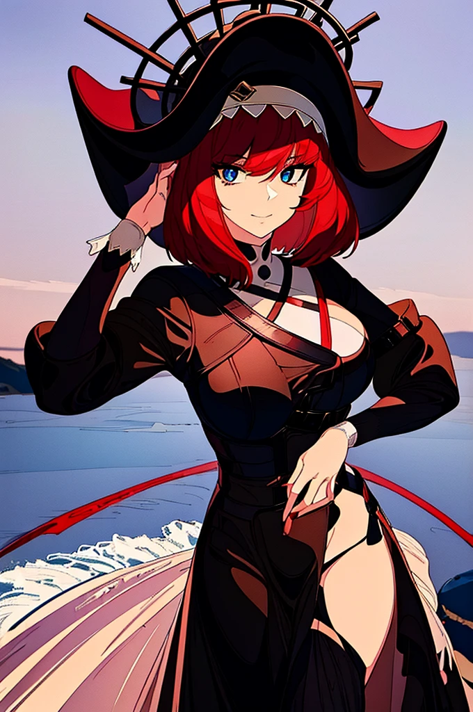 a beautiful girl with red hair wearing a black dress, detailed facial features, bob haircut, full body illustration, woman wearing a long black and red coat, solo character, white background, anime style, highly detailed, photorealistic, 8k, best quality, masterpiece, blue eyes, short hair