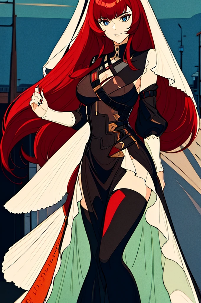 a beautiful girl with red hair wearing a black dress, detailed facial features, bob haircut, full body illustration, woman wearing a long black and red coat, solo character, white background, anime style, highly detailed, photorealistic, 8k, best quality, masterpiece, blue eyes, short hair
