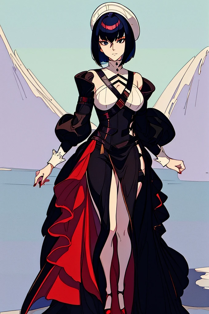a beautiful girl with red hair wearing a black dress, detailed facial features, bob haircut, full body illustration, woman wearing a long black and red coat, solo character, white background, anime style, highly detailed, photorealistic, 8k, best quality, masterpiece, blue eyes, short hair