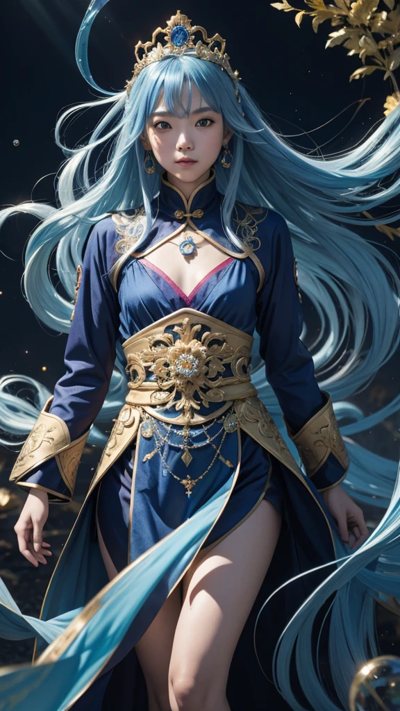 黄 blue colors,enamel,agates,A flesh-colored world,Blood Blue Maiden 32K(tmasterpiece,k hd,Aoyama Pond,hyper HD,32K)Long flowing bright blue hair,blood pond,zydink, a color,Grumpy (Post-hanen scarf), Combat posture, looking at the ground, long whitr hair, Floating bright blue, Fire cloud pattern gold tiara, Chinese long-sleeved gold silk burgundy garment, (Abstract metaverse splash:1.2), white backgrounid,Peony flower vitality protector(realisticlying:1.4),Bright purple hair,Smoke on the road,The background is pure, A high resolution, the detail, RAW photogr, Sharp Re, Nikon D850 Film Stock Photo by Jefferies Lee 4 Kodak Portra 400 Camera F1.6 shots, Rich colors, ultra-realistic vivid textures, Dramatic lighting, Unreal Engine Art Station Trend, cinestir 800,A girl with long flowing bright blue hair,Huge colorful bubbles