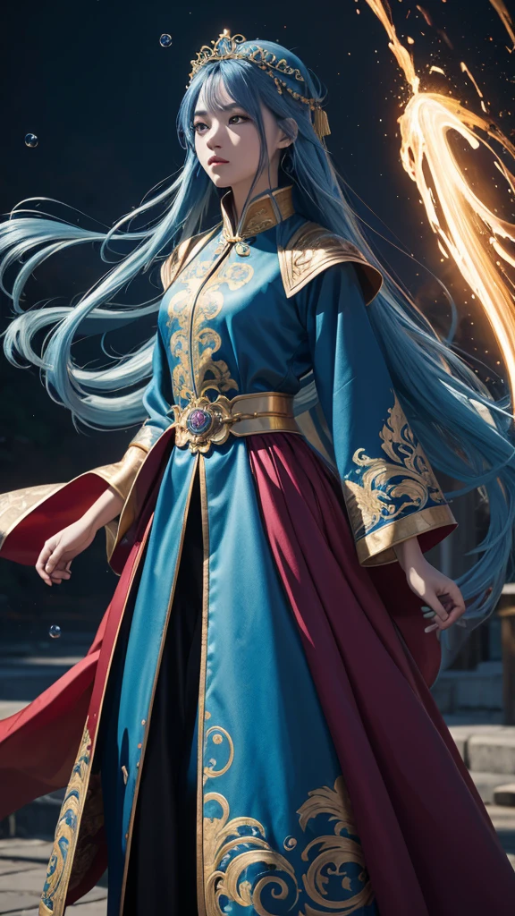 黄 blue colors，enamel，agates，A flesh-colored world，Blood Blue Maiden 32K（tmasterpiece，k hd，Aoyama Pond，hyper HD，32K）Long flowing bright blue hair，blood pond，zydink， a color，Grumpy （Post-hanen scarf）， Combat posture， looking at the ground， long whitr hair， Floating bright blue， Fire cloud pattern gold tiara， Chinese long-sleeved gold silk burgundy garment， （Abstract metaverse splash：1.2）， white backgrounid，Peony flower vitality protector（realisticlying：1.4），Bright purple hair，Smoke on the road，The background is pure， A high resolution， the detail， RAW photogr， Sharp Re， Nikon D850 Film Stock Photo by Jefferies Lee 4 Kodak Portra 400 Camera F1.6 shots, Rich colors, ultra-realistic vivid textures, Dramatic lighting, Unreal Engine Art Station Trend, cinestir 800，A girl with long flowing bright blue hair，Huge colorful bubbles