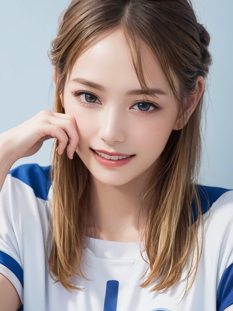 (Highest quality、8K、32k、masterpiece)、(Realistic)、(Realistic:1.2)、(High resolution)、Very detailed、Very beautiful face and eyes、1 Girl、Round and small face、Tight waist、Delicate body、(close、Highest quality、Attention to detail、Rich skin detail)、(Highest quality、8K、Oil paints:1.2)、(Realistic、Realistic:1.37)、Bright colors、(((blonde)))、(((Upper Body Shot)))、(((Medium Hair)))、(((White wall background)))、(((Happy expression)))、smile、(((Blonde)))、(((Soccer uniforms)))、(((青と白のSoccer uniforms)))、(((Blue Uniform)))、touch my head、Perm Hair
