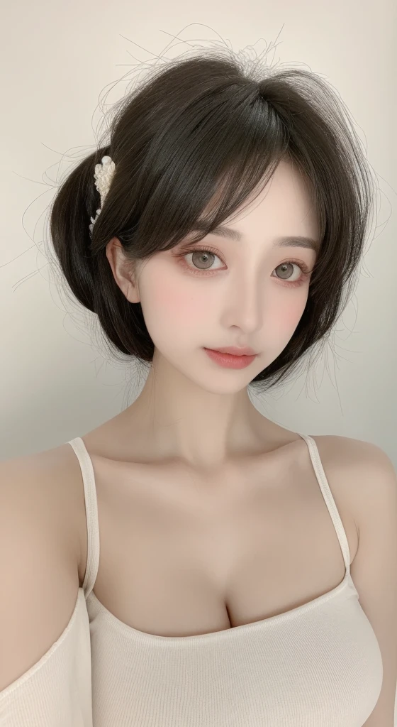 Beautiful woman with perfect figure:1.4,Layered Hairstyles,Protruding cleavage:1.2,Bandeau:1.5,Highly detailed face and skin texture,Narrow eyes,double eyelid,Whitening the skin,Short fine hair,Full Body Lesbian