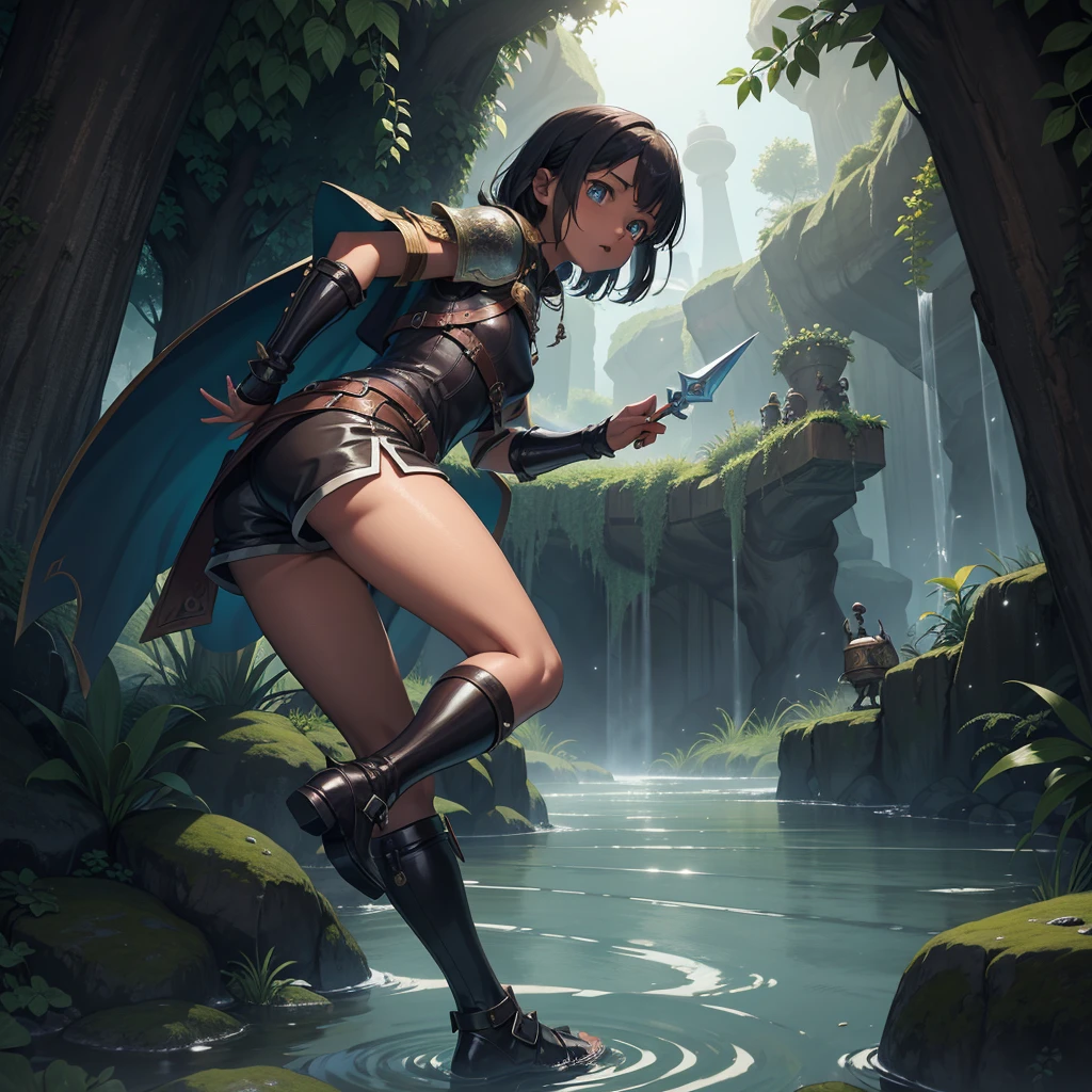 最high quality、high quality、Simple cloth clothing、10Year old girl adventurer、Descend the maze stairs、Leather Armor、Shorts、Equipped with a dagger and a shield、In a dark maze、The body is being swallowed by slime