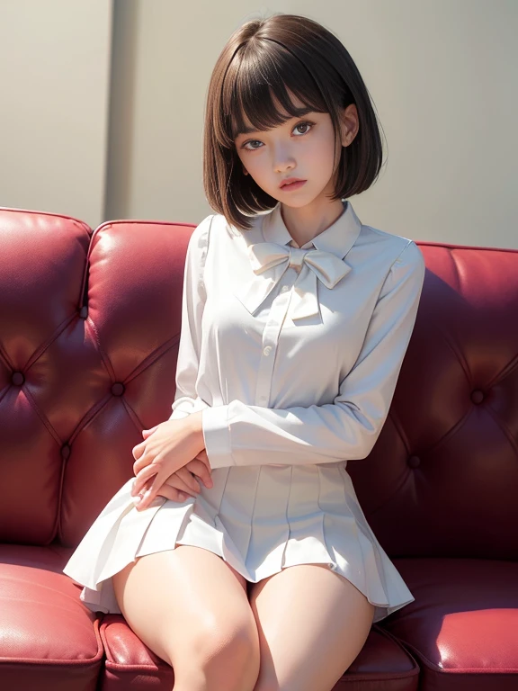 (masterpiece、Highest quality:1.7)、(11 years old:1.5)、((Bobcut))、Black Hair、85mm、16K、Official Art、RAW Photos、Best Beautiful Faces、Close-up、Violet、Gardenia、((The best beautiful girl、very cute、1 person))、Red blush on cheeks、indoor、(Sitting on the couch:1.8)、Film Grain、Chromatic Aberration、Sharp Focus、(((Nice hands、Perfect hands、Perfect Fingers、Thin and delicate fingers、A perfect body without flaws)))、Detailed face、(Slender body:1.5)、(Slender body:1.4)、(Petite body:1.4)、(Small breasts:1.9)、(Let your bangs hang down:1.8)、(Blushing:1.8)、(Low contrast lighting:1.2)、(White tight business blouse with collar:1.5)、(White bow tie blouse:1.3)、(Long sleeve: 1.3)、(White pleated mini skirt:1.5)、(White School Socks:1.5)、(Eyes closed:1.5),(thigh focus:1.7),(Hands in crotch:1.5)