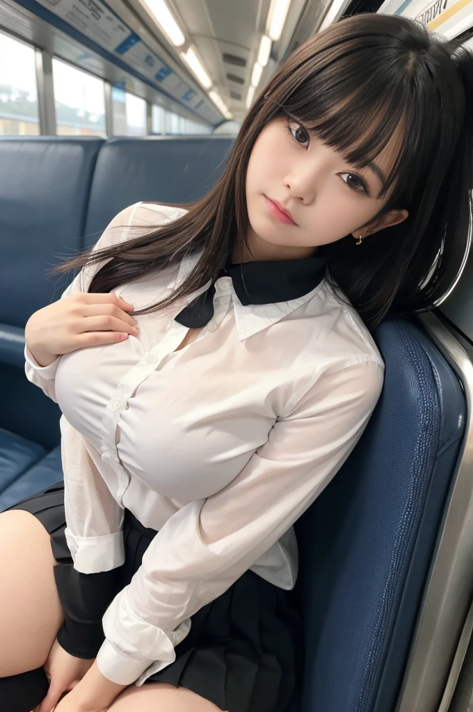 1 woman, thighs, sitting on train, , realistic, raw photo, white shirt, pleated skirt, black short socks, roafer, medium hair, bangs, looking at viewer, best quality, large breast, (His arms folded),
