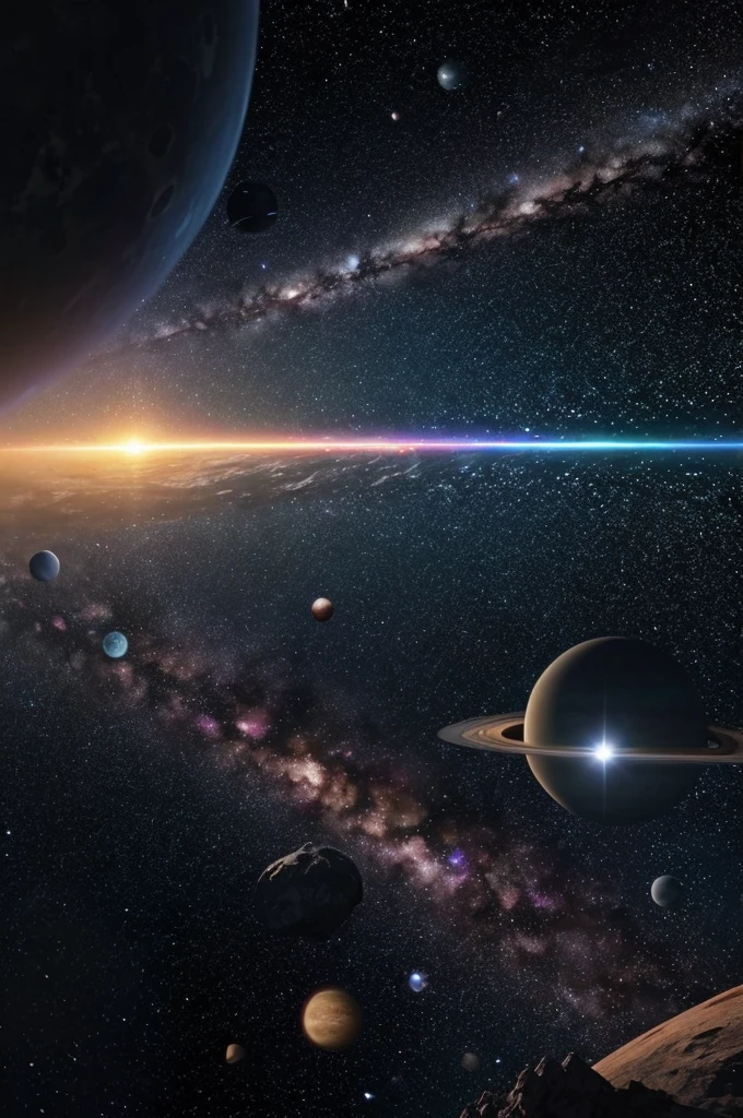 Sure, here’s a prompt in English for that scenario:
Standing at the edge of the universe, you watch as planets, asteroids, and stars glitter within the cosmic expanse.
If you need further customization or additional details, feel free to let me know!