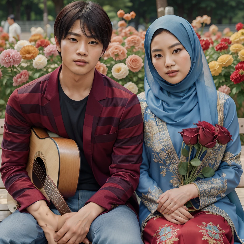 real potrait, full body, Longshot, a Korean man with short hair wearing a dark blue suit, holding a guitar, and an Asian woman wearing a blue hijab wearing a kebaya embroidered with gold thread, holding a bouquet of red roses, sitting side by side on a park bench, colorful flowers behind them