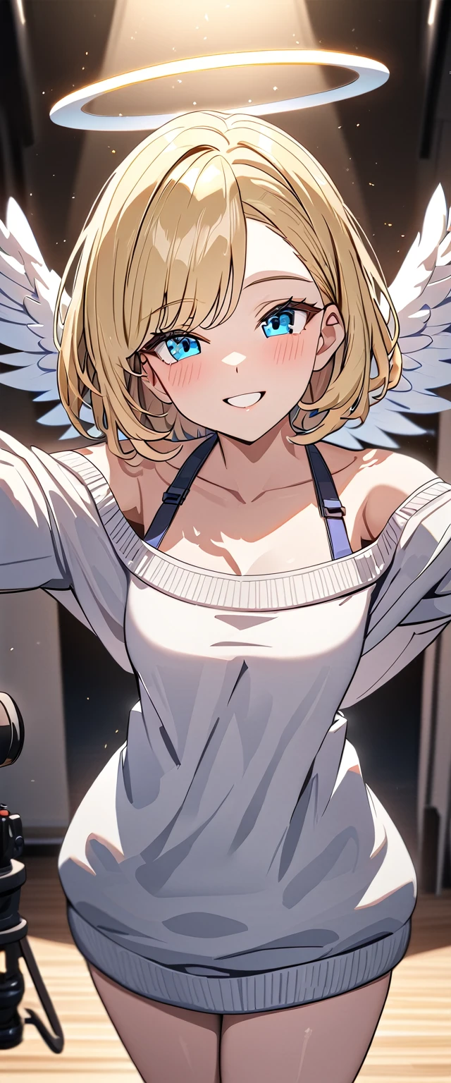 ((angel, big big white wings:1.3, halo:1.3)), ((sea, beach)), (((spread arms))), (((cowboy shot))), ((flying)), archangel Uriel, ((wavy hair, outward curled hair)), evening, Sunset, ((blond hair, bob cut:1.3)), breasts, ager, (looking at viewer), oversized clothes, puffy long sleeves, collarbone, ((off-shoulder sweater:1.3, Quite thick shoulder straps)), ((white sweater)), collarbone, head tilt:1.3, (((blue eyes))), ((happy smile)), (((anime style))), (best quality, 4K, 8K, highres, masterpiece:1.2, ultra-detailed, ultra-detailed eyes, HDR, uhd, studio lighting, ultra-fine painting, sharp focus, physically-based rendering, extreme detail description, professional, vivid colors, bokeh)