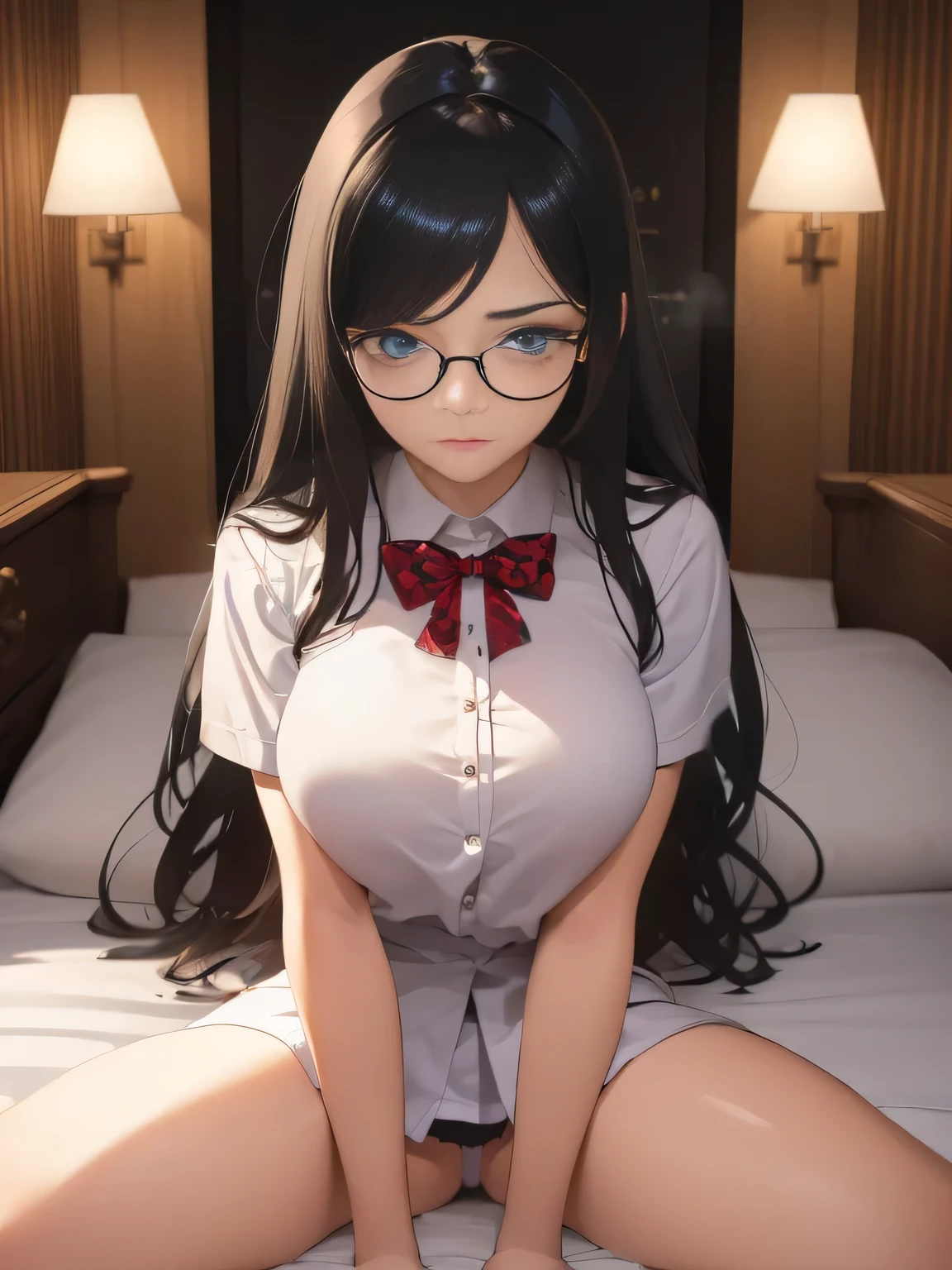 Clothing prompt	(1girl:1.3), Masterpiece, Best quality, amazing beauty, 4K, absurdres, finely detail, super detailed eye, perfect anatomy, official art, cinematic lighting, BREAK, silky medium hair, black hair, super shiny detailed blue eyes, embarrassed, BREAK , big breasts, sitting bed in bedroom, BREAK , (school uniform:1.2), BREAK,(Glasses)							