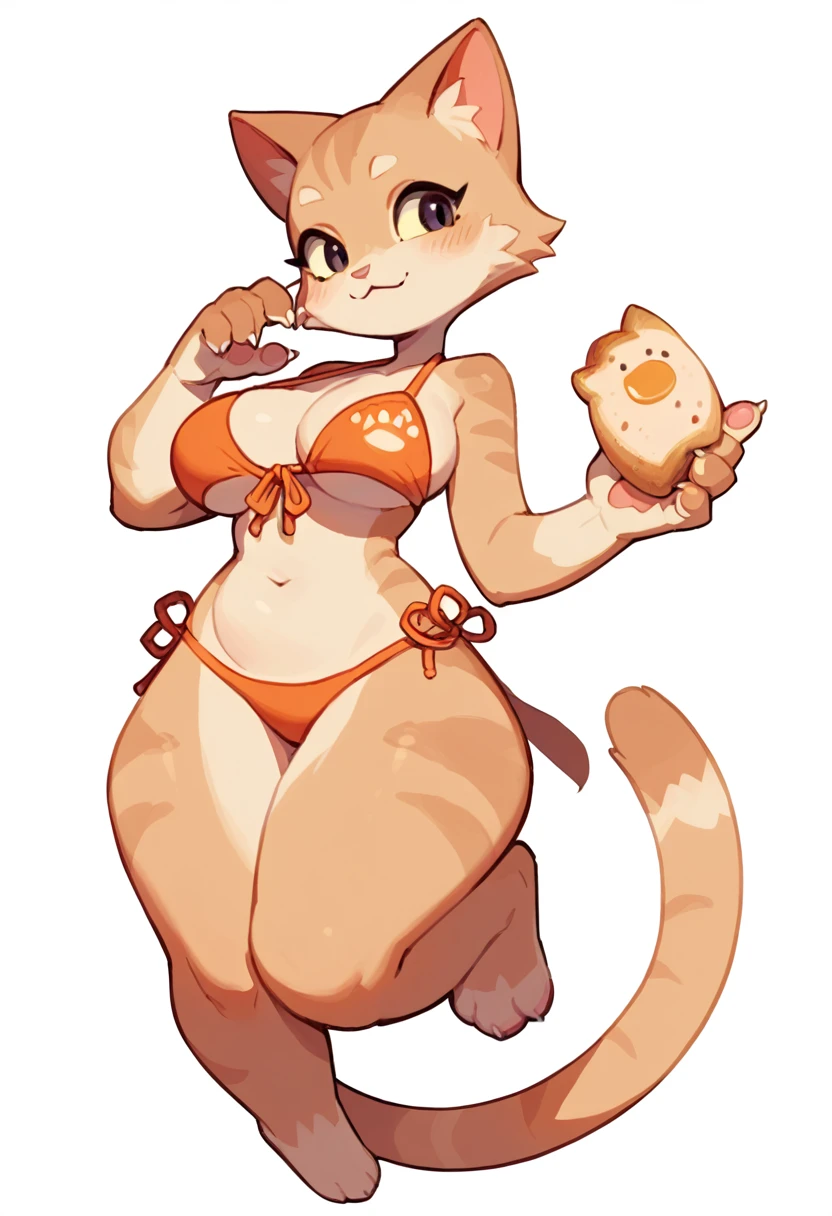 The Q version of the cute furry cat, tall, tall woman, thick body, thick, seductive, sexy expression, female cat, big breasts, hips, female body, woman, female, bikini, paws, beans, white background 