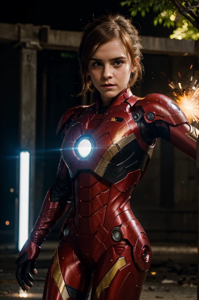 Emma Watson as futuristic Iron Man, crouch in attack position, with impressive appearance. The scene takes place in the dark, with explosions, that illuminate the surroundings. There are also some characters present, with alien creatures in the background. The image quality is at the highest level, with 4K resolution and ultra detail. The artwork is created in a photorealistic style, Emphasis on vivid colors and sharp focus. The overall tone of the image is dominated by vivid and intense lighting effects, to enhance the dramatic atmosphere.