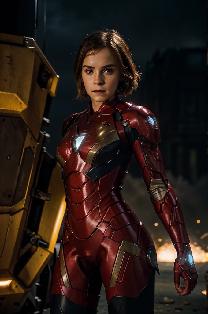 Emma Watson as futuristic Iron Man, crouch in attack position, with impressive appearance. The scene takes place in the dark, with explosions, that illuminate the surroundings. There are also some characters present, with alien creatures in the background. The image quality is at the highest level, with 4K resolution and ultra detail. The artwork is created in a photorealistic style, Emphasis on vivid colors and sharp focus. The overall tone of the image is dominated by vivid and intense lighting effects, to enhance the dramatic atmosphere.