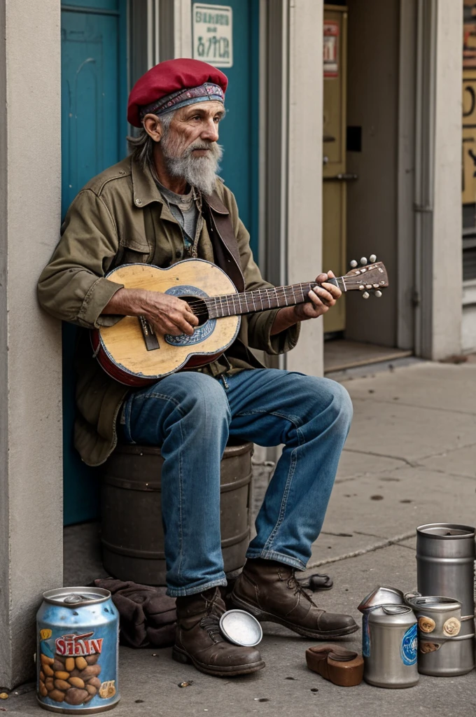 Crazy, homeless dirty rat wearing a beret on his head dressed in street clothes and playing the banjo instrument next to an empty can of beans