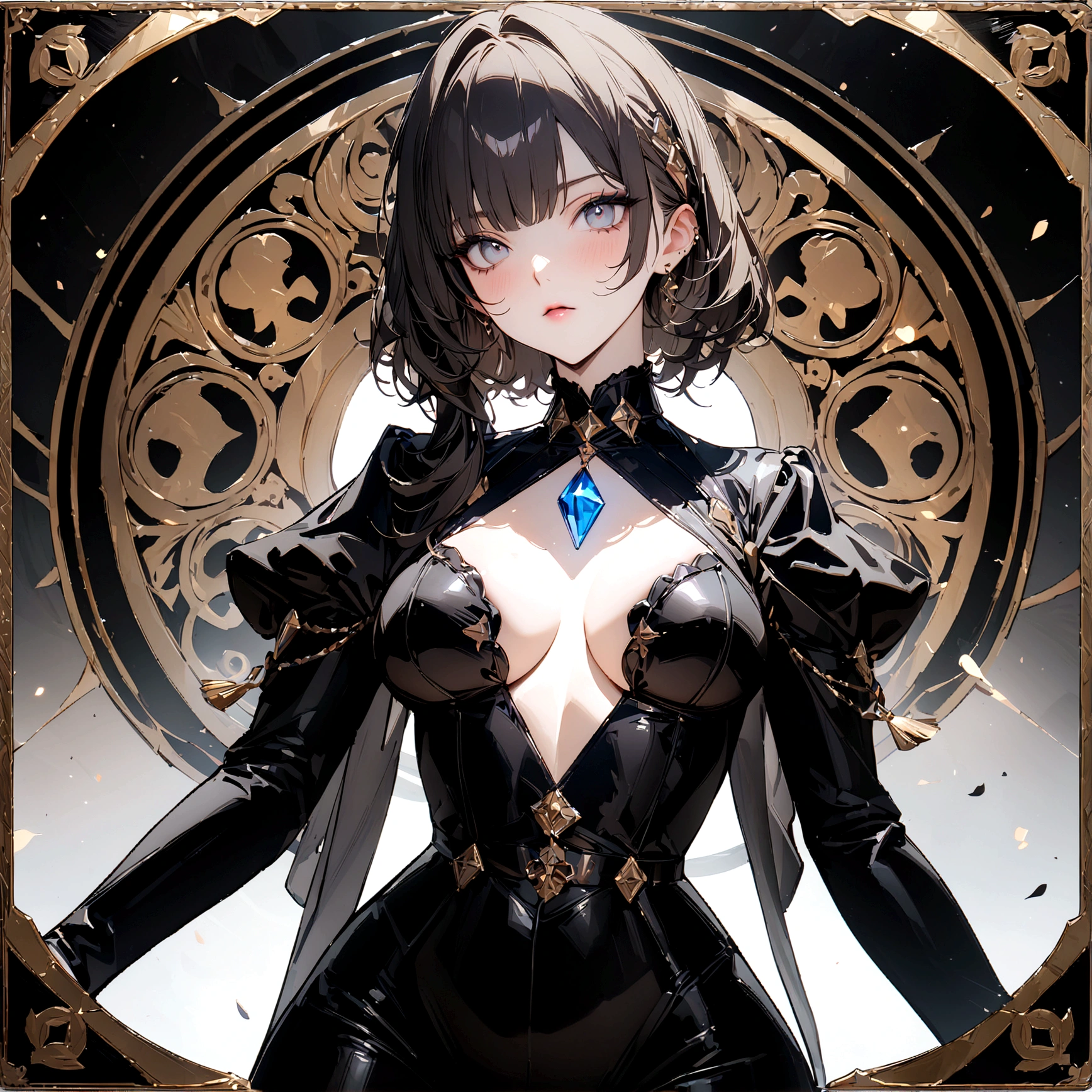 ((Best Quality, 8K, Masterpiece: 1.3)), 1girl, Beauty: 1.3, card art, white background, the image is a representation of the playing card and its color, a badass and sexy rendition of the ace of diamonds,