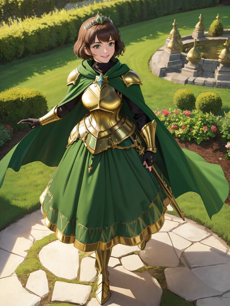 masterpiece, best quality:1.2), 1girl, smile, looking at viewer, green eyes, short brown hair, princess, armor, , pauldrons, armored dress, green cloak cape, wearing puffy blue ballgown skirt, golden tiara with green gem, armored boots, fingerless gloves, standing in medieval garden
