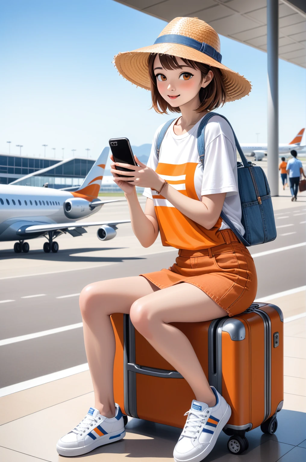 a woman sitting on a suitcase with a cell phone in her hand, (in front of airport background), she wearing traveling clothes {straw hat, orange t-shirt, white striped t-shirt, denim mini skirt, white sneakers}, (in front of airport background), vacation photo, ad image, in suitcase, profile pic, avatar image, luggage, traveller, portrait shot, commercial photo, photo portrait, marketing photo, expert artist, advertising photo, profile picture, media photo