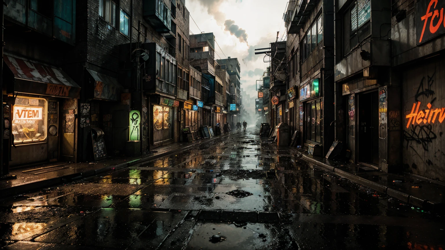 Hyper-realistic cyberpunk alleyway, neon signs and graffiti on the walls, detailed textures of wet pavement and debris, shadowy figures and street vendors, flickering lights and steam rising from vents, a sense of grit and urban decay.