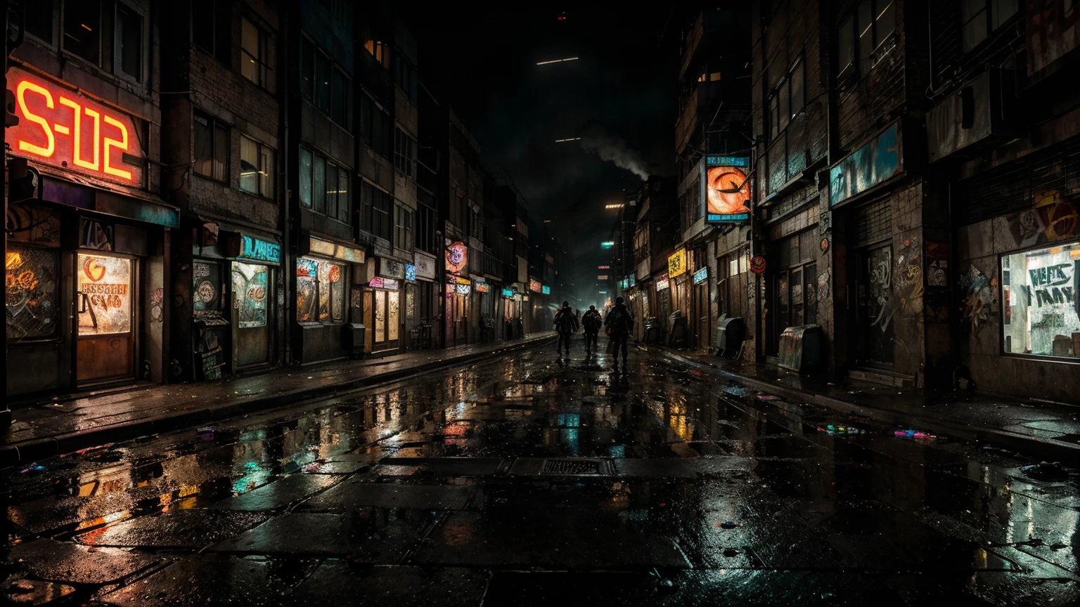 Hyper-realistic cyberpunk alleyway, neon signs and graffiti on the walls, detailed textures of wet pavement and debris, shadowy figures and street vendors, flickering lights and steam rising from vents, a sense of grit and urban decay.