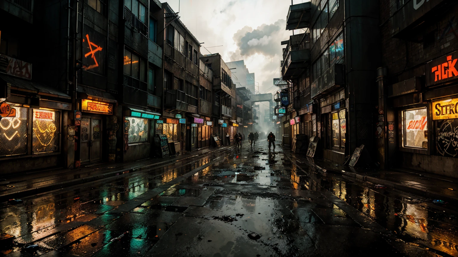 Hyper-realistic cyberpunk alleyway, neon signs and graffiti on the walls, detailed textures of wet pavement and debris, shadowy figures and street vendors, flickering lights and steam rising from vents, a sense of grit and urban decay.