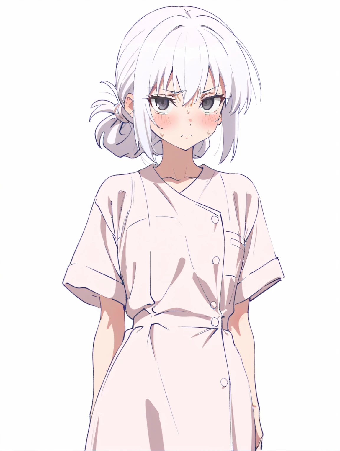 {{{sincos (sincos), girl, no human}}}, 1 girl, nurse, wear a medical gown, waist-length, black eyes, tired face, weak facial expressions, hair tied at the back of the head in a bun, white hair, hair ivory color, stands directly towards the viewer, looking at viewer. white background, blank background.