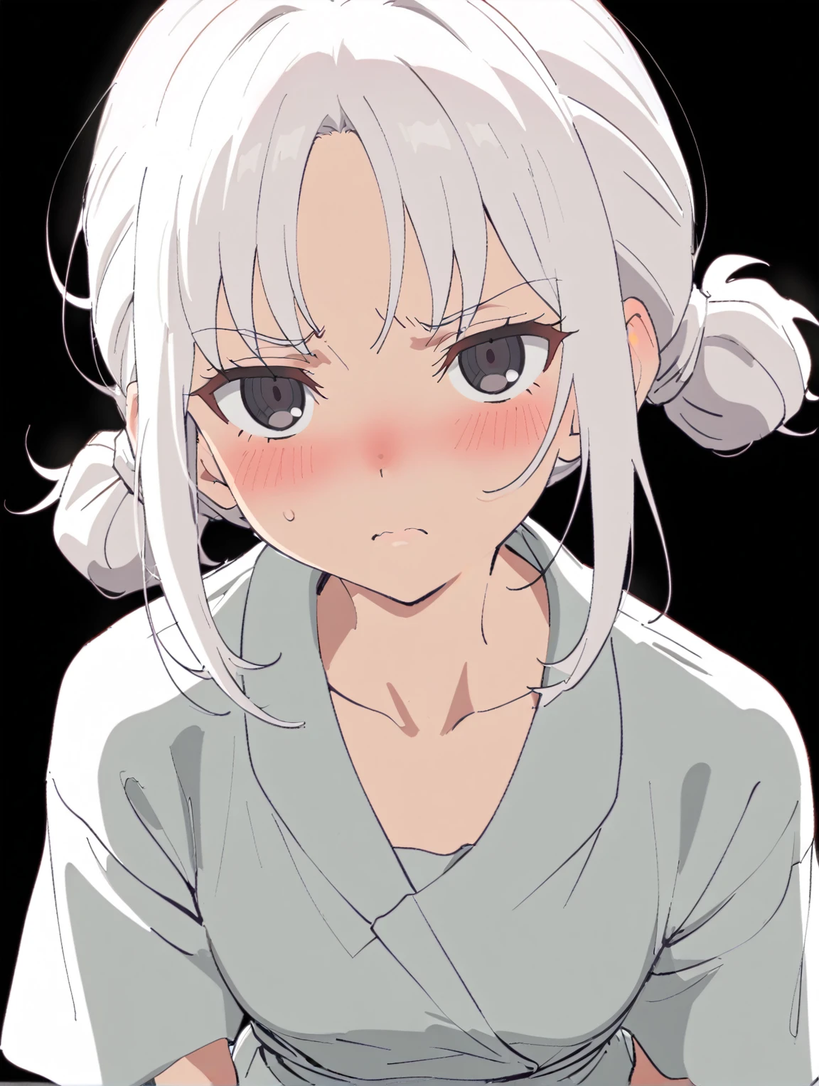 {{{sincos (sincos), girl, no human}}}, 1 girl, nurse, wear a medical gown, waist-length, black eyes, tired face, weak facial expressions, hair tied at the back of the head in a bun, white hair, hair ivory color, stands directly towards the viewer, looking at viewer. white background, blank background.