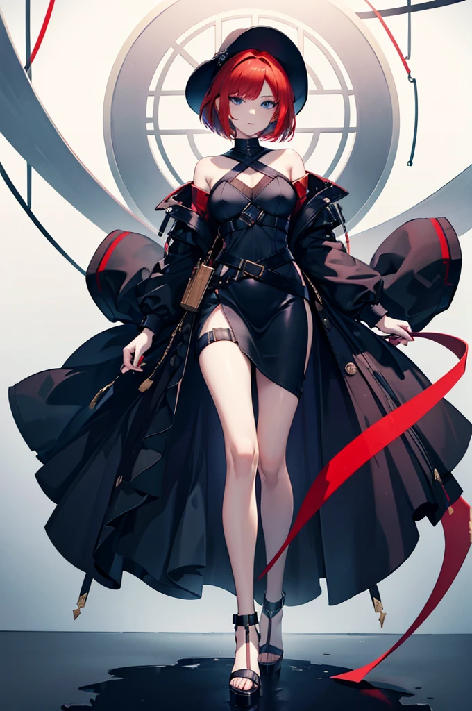 a beautiful girl with red hair wearing a black dress, detailed facial features, bob haircut, full body illustration, woman wearing a long black and red coat, solo character, white background, anime style, highly detailed, photorealistic, 8k, best quality, masterpiece, blue eyes, short hair