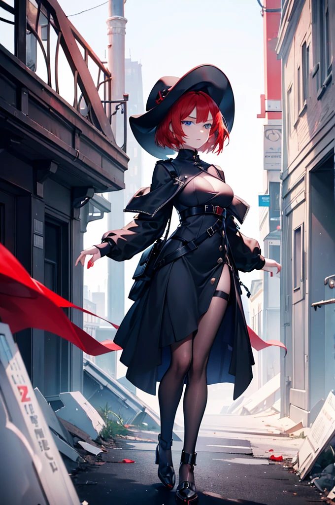a beautiful girl with red hair wearing a black dress, detailed facial features, bob haircut, full body illustration, woman wearing a long black and red coat, solo character, white background, anime style, highly detailed, photorealistic, 8k, best quality, masterpiece, blue eyes, short hair