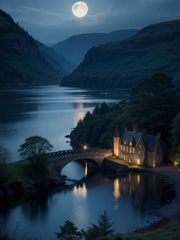 at night, castle village in Scotland, Loch Ness, beautiful moonlit lake Loch Ness, good lighting, realistic image, masterpiece, high quality 8K, sharp focus