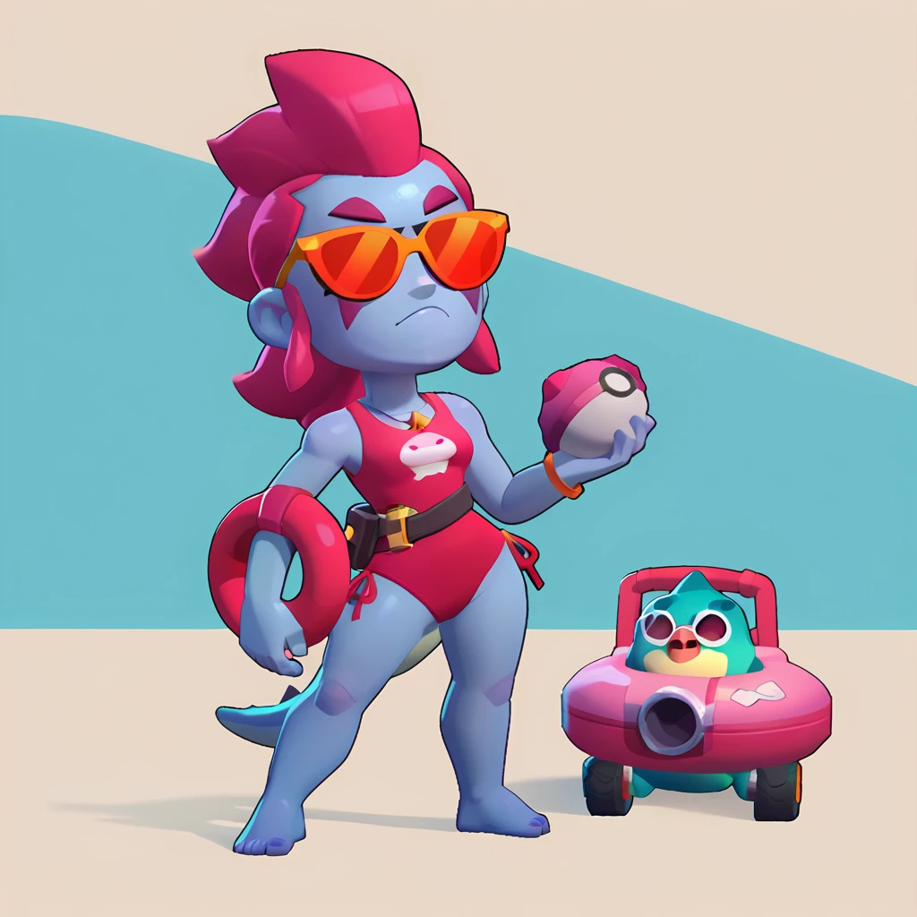 full body view of a triceratops dinosaur, blue skin, female, dressed in a red swimsuit and sunglasses, with a pink and white buoy, brawl, brawl stars