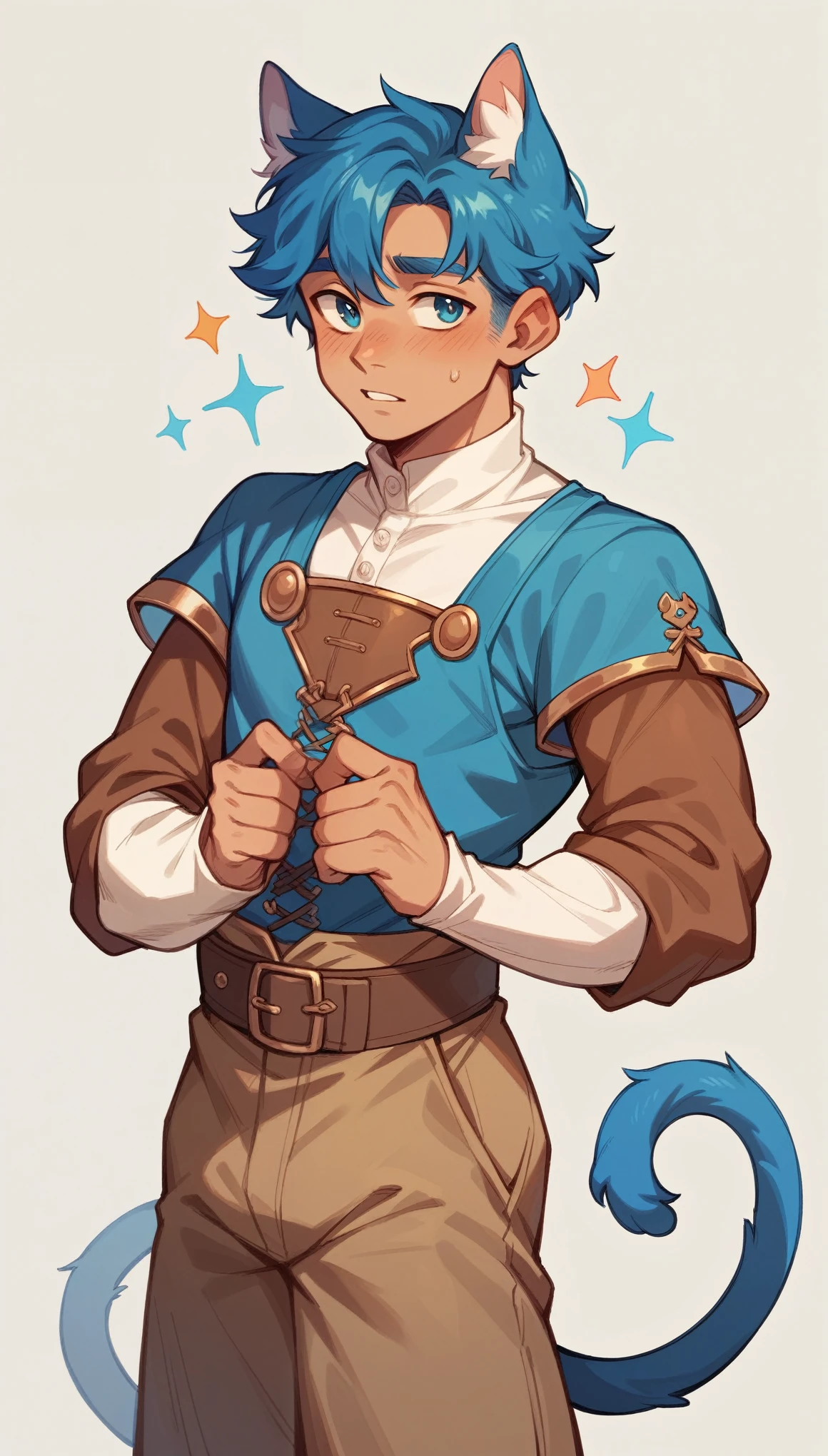 man is a male ager with a cat's tail and blue ears and a feminine and delicate physique with a square hairstyle in medieval clothes of a fantasy miner
