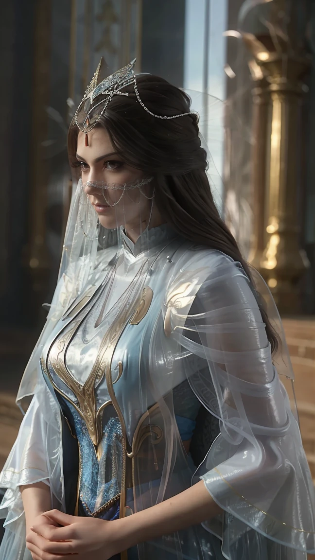 beautiful and elegant cinderella 1990 live - action movie first look, grainy, vhs filter, dominant pose wearing blue tulle cape and cloak, formidable beauty with unimaginable beauty and power, praying and she glistens with crystals all over her dress and cape and cloak and hair and maked up eyes, she has celestial breathtaking beauty that while you look at her you will be completely subdued, she has her pilgrimage for sacred love, she has unimaginable beauty with sacred and holy aura of prophets and satinesses, wearing a translucent veil covering her lips and nose all the way to the neck, ethereal dress, ethereal atmosphere