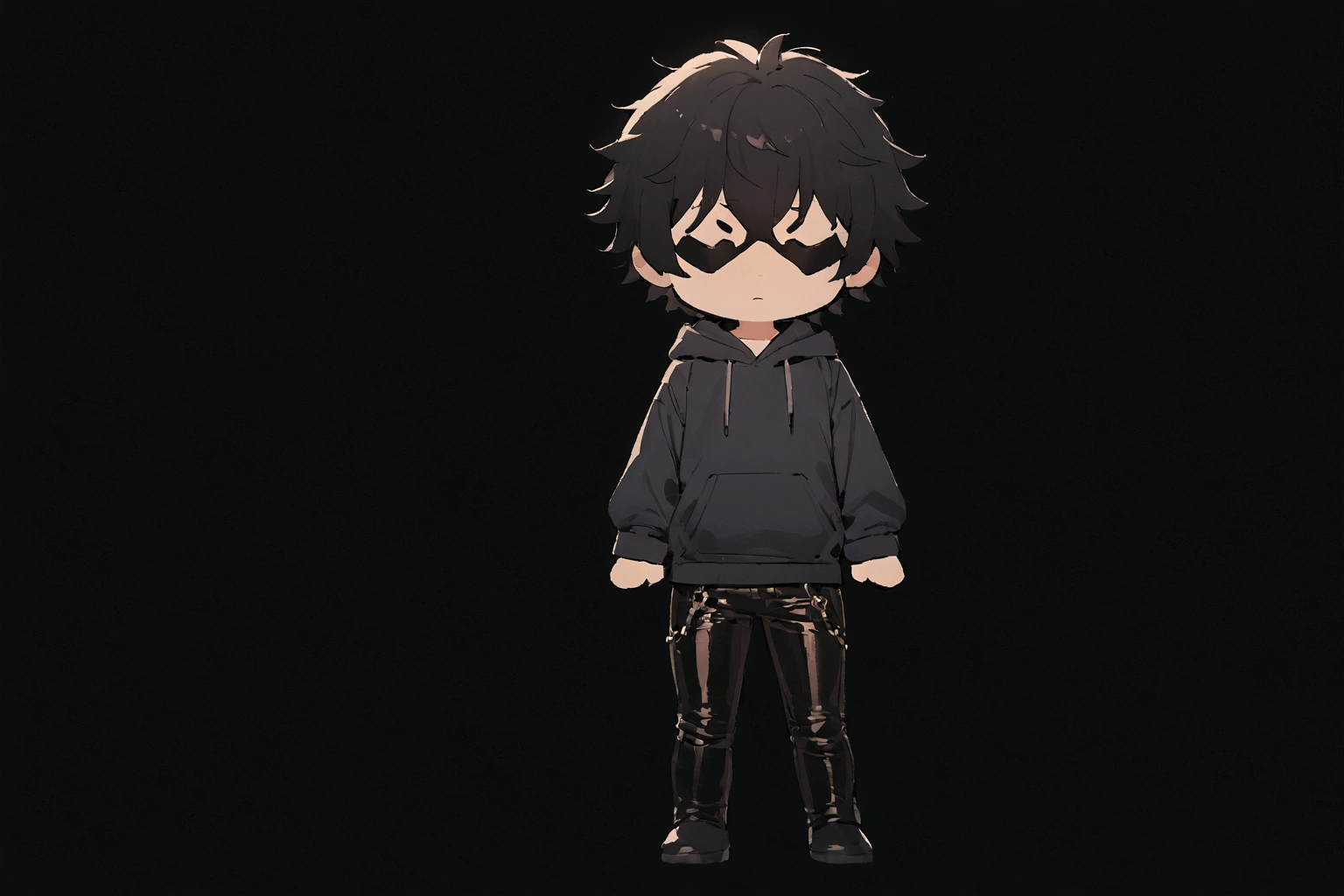 masterpiece,chibi,1man,blackhair,tareme,mask,full body, simple background, very short hair, messy hair, hoodie, leather pants, 