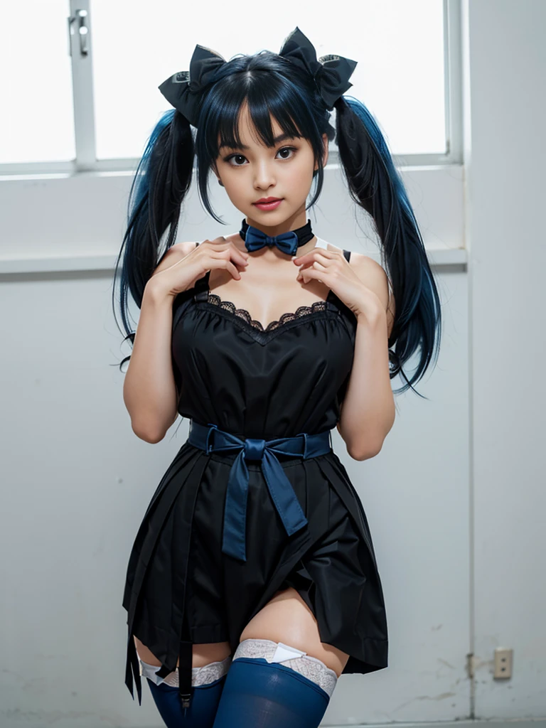 (8K, Raw photo, Best Quality, masutepiece:1.2), high-definition RAW color photography, professional photograpy, (Realistic, photographrealistic:1.37), ((Best Quality)), various attractive posing, full body shot;1.2. 1young girl, asymmetrical legwear, (black bow:1.2), black ribbon, (blue hair:1.5), bow, breasts, gloves,(hair bow:1.3), (very long hair:1.2), simple background, standing, striped bow, thighhighs, white background, white gloves, (lace legwear:1.2), Delicate hands, detailed fingers, five fingers, (one hand pinching the waist:1.3), (twintails:1.3), realhands, nsfw