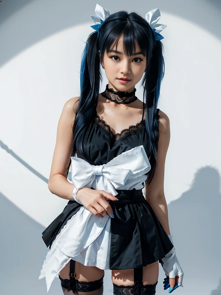 (8K, Raw photo, Best Quality, masutepiece:1.2), high-definition RAW color photography, professional photograpy, (Realistic, photographrealistic:1.37), ((Best Quality)), various attractive posing, full body shot;1.2. ung girl, asymmetrical legwear, (black bow:1.2), black ribbon, (blue hair:1.5), bow, breasts, gloves,(hair bow:1.3), (very long hair:1.2), simple background, standing, striped bow, thighhighs, white background, white gloves, (lace legwear:1.2), Delicate hands, detailed fingers, five fingers, (one hand pinching the waist:1.3), (twintails:1.3), realhands, nsfw
