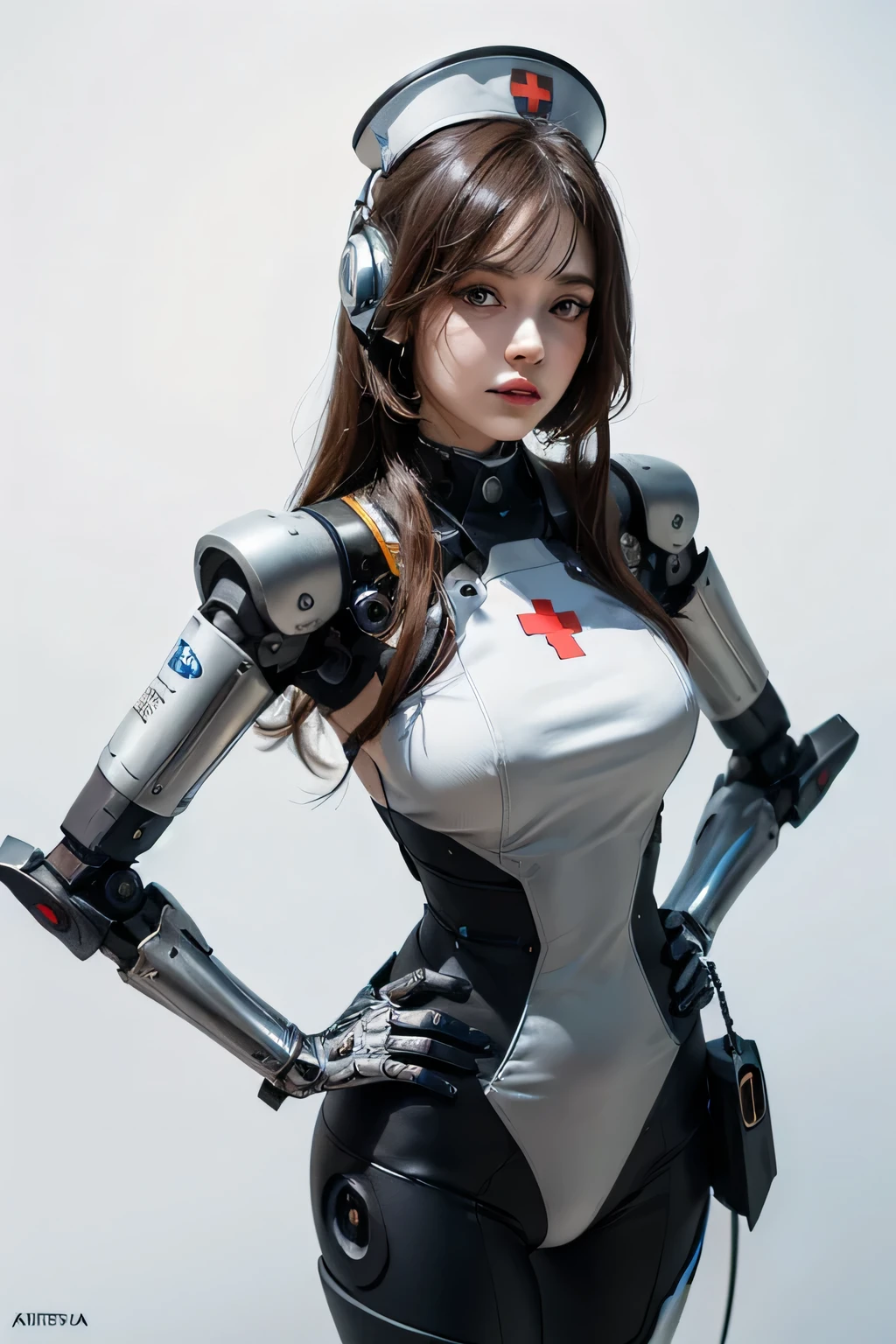 A highly detailed surreal masterpiece, Nurse cap，stethoscope,stethoscope,White nurse costume white doctor uniform bright background，White background,portrait of a futuristic robot, Bee Style, robotic Face, , human face, style hybrid mix oF beeple, The 45-degree angle of the shot from above of Justice shows the mechanical body of the robot with one hand on the hip 3/4 Body 3/4 body shots with confident expressions and flowing hair Calle Futurista dieselpunk, Beeple style, Portrait Beauty - FI People, ltra High DeFinition, Simple minimum. F/4, 16:9, 5 s ultra high deFinition, Kinematics,