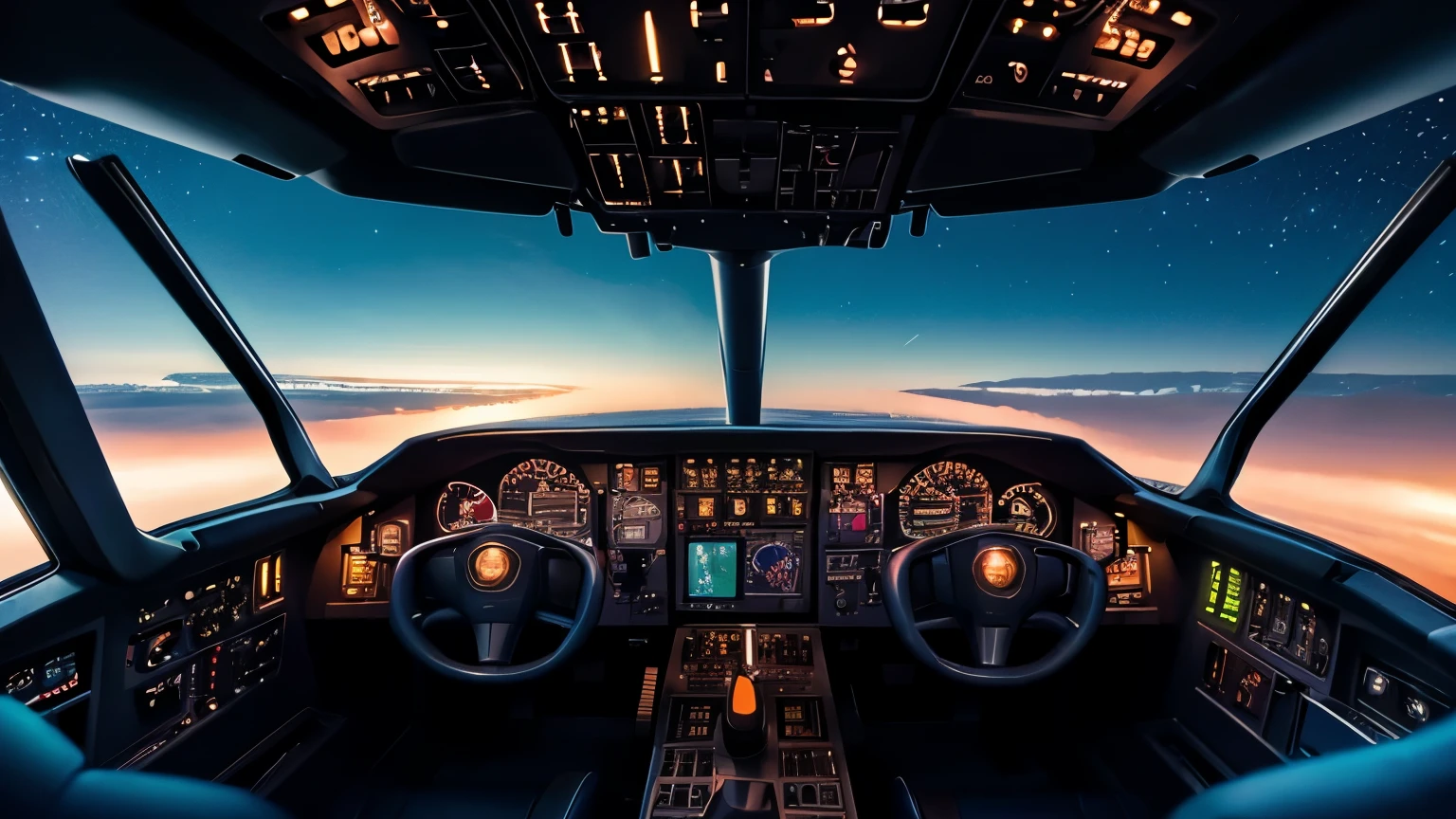 A cockpit of a single pilot at midnight