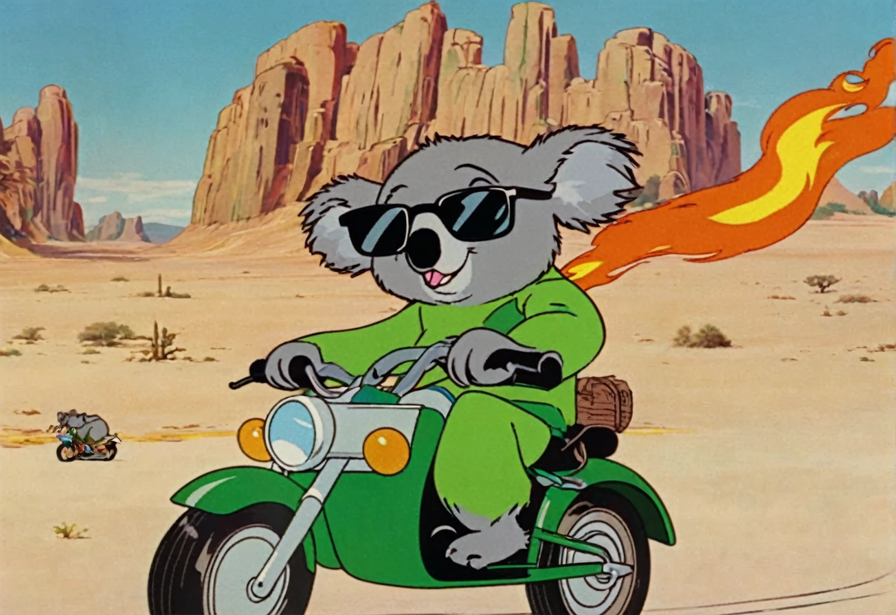 Kwicky Koala riding Motorcycle on Desert, Sunglasses, Green Tracksuit, Fire ground, Zoom Out, Hanna-Barbera