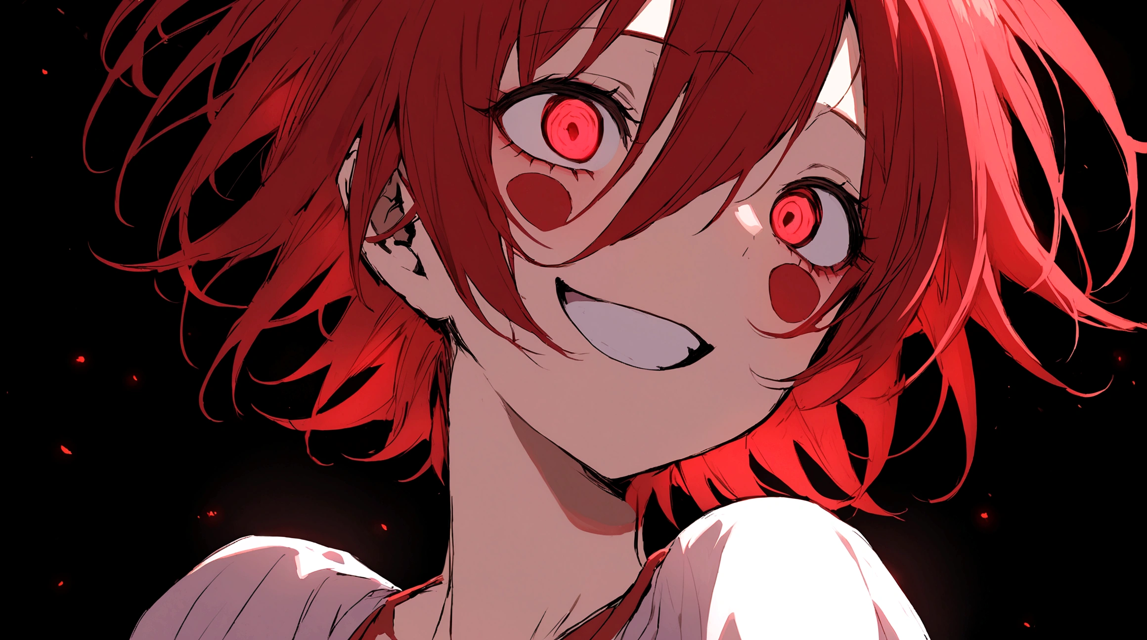 Crazy red eyes laughing Yandere Crazy anime girl. Looking. Short hair. Red hair. Upper side of the body, black background.
